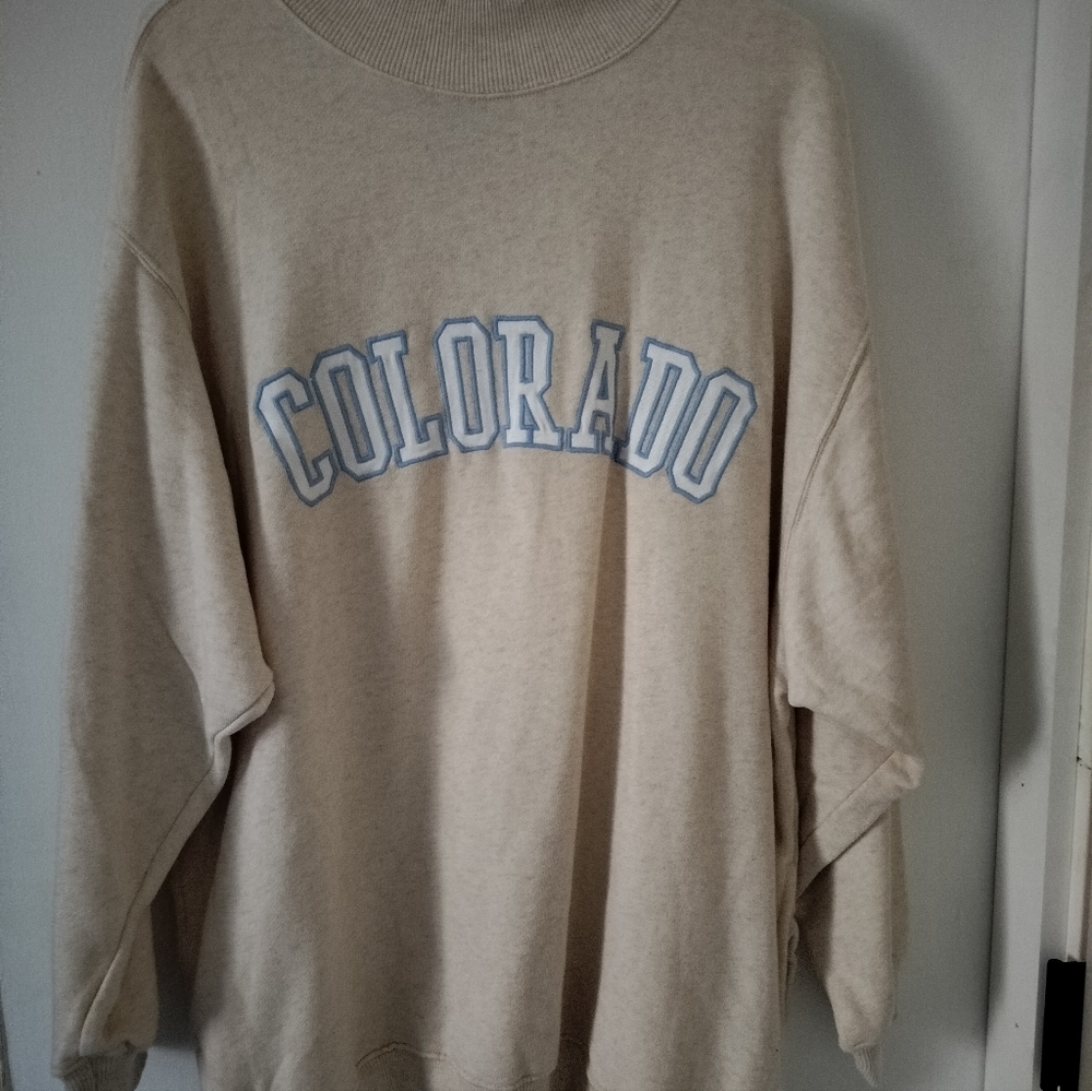 Aerie Colorado sweatshirt. Oatmeal color with white and blue writing